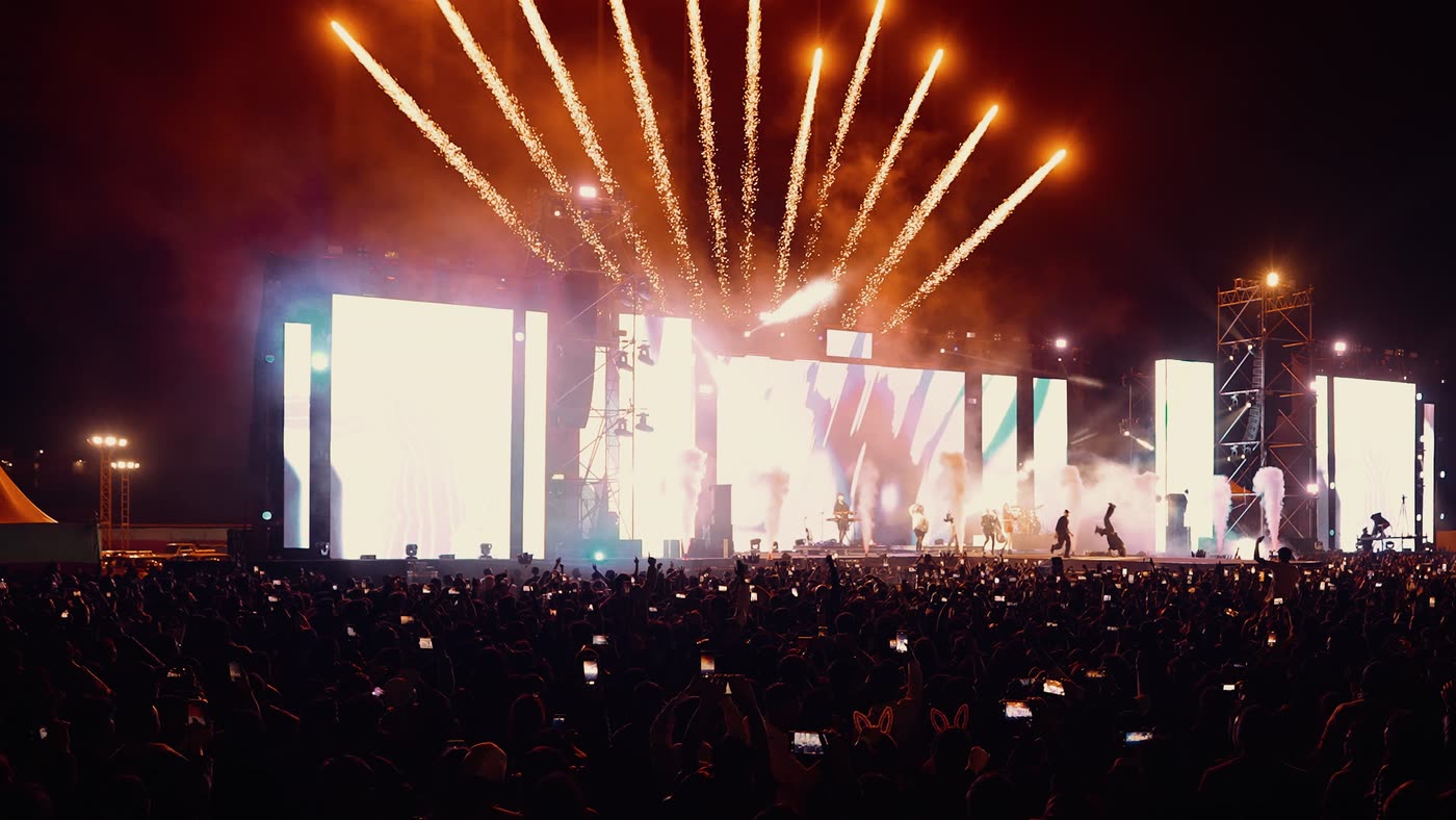 Festival mainstage with pyrotechnics